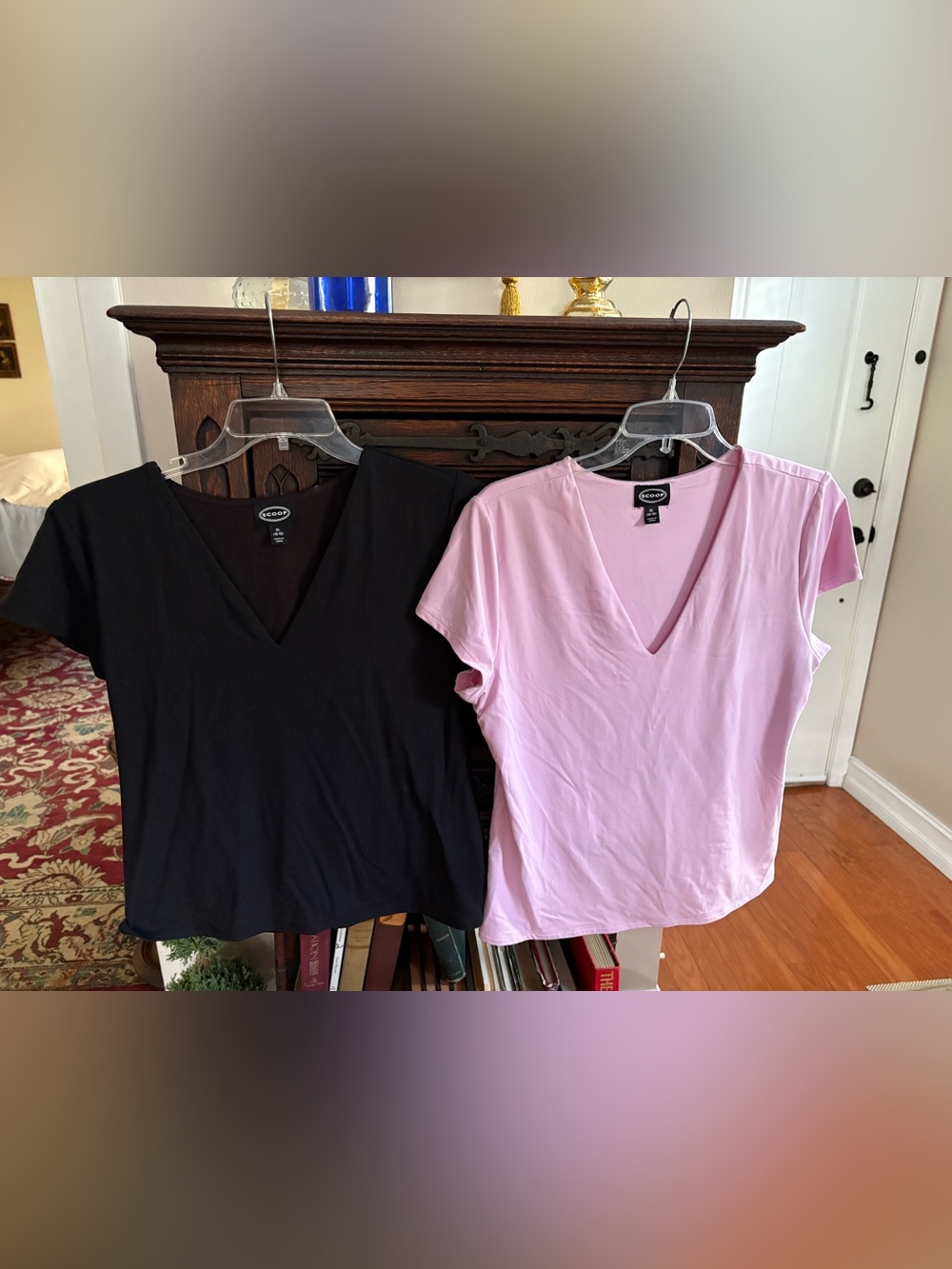 Scoop: XL, pair of Short Sleeve V-Neck Tee - Black and Light Pink